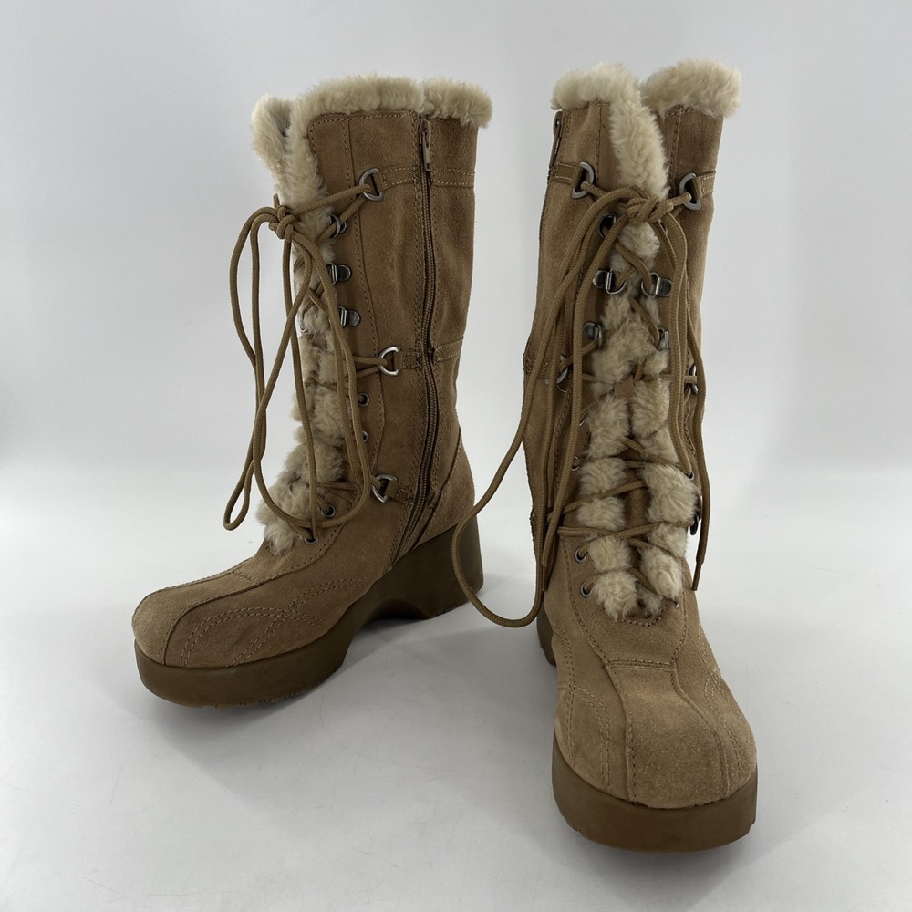 Y2K Vintage Report Leather Suede Tall Knee Boot Chunky Heel Faux Sherpa Platform